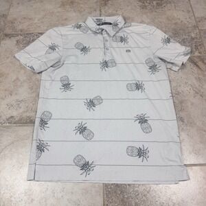 Travis Mathew Shirt Mens M White Pineapple Stripe Print Polo Golf Stacked Deck